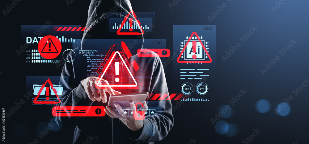 Poster hacker in hoodie using tablet surrounded by digital warnings and