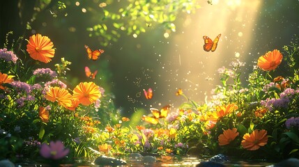 Peaceful Girl Sitting By Pond With Butterflies High Resolution Picture