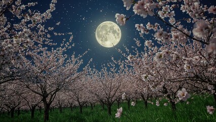 Romantic night scene featuring vibrant cherry blossoms and a bright moon overhead.