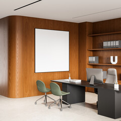 Blank poster mockup on wooden wall in modern office interior with desk, chairs and shelves, showcasing clean and professional workspace concept. 3D Rendering