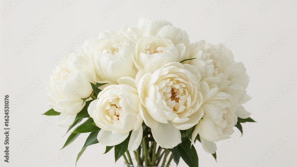 Poster charming white peonies set on a light surface, featuring a card layout with space reserved for messa
