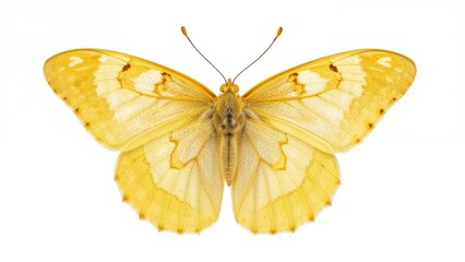 Fototapeta premium Large-winged bright yellow butterfly set against a white backdrop