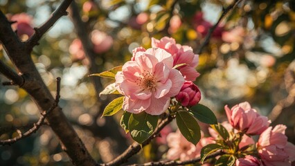 Obraz premium Gorgeous flower opening up under sunlight with vibrant pink hues. Central bloom softly blurred to emphasize focus.