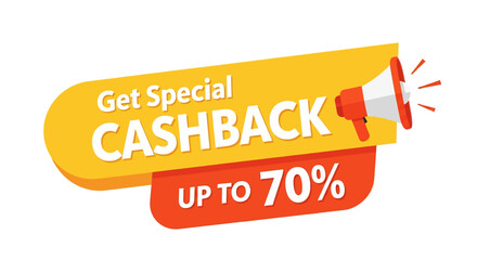 isolated flat illustration with transparent background of a Get Special CASHBACK promotion banner with a stylized megaphone. Ideal for announcing limited-time offers.