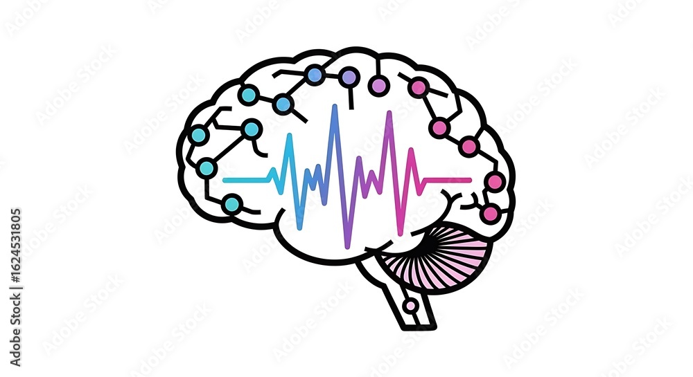Poster stylized brain illustration with connected nodes and a colorful eeg wave on a white background