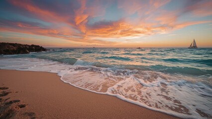 Obraz premium Evening seaside with gentle waves and warm sunset hues