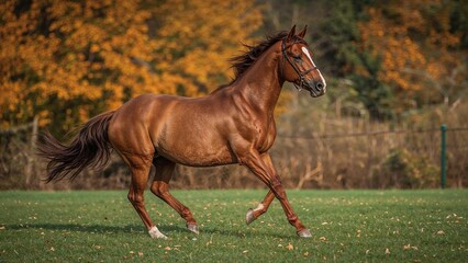 Obraz premium Brown equine sprinting across an enclosed pasture