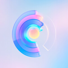 Abstract 3D glass radial chart with pastel neon gradients and glowing circular segments on soft gradient background
