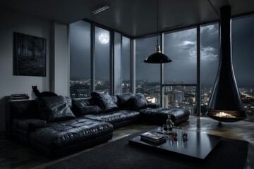 Modern Dark Luxury Living Room With City Night View