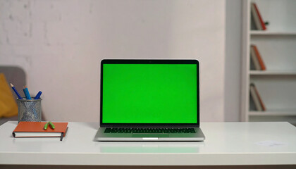 Laptop with Green Screen on Desk for Tech Mockup