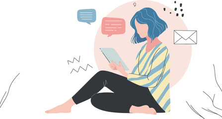 Illustration of a woman with blue hair sitting and using a tablet with chat bubbles around her