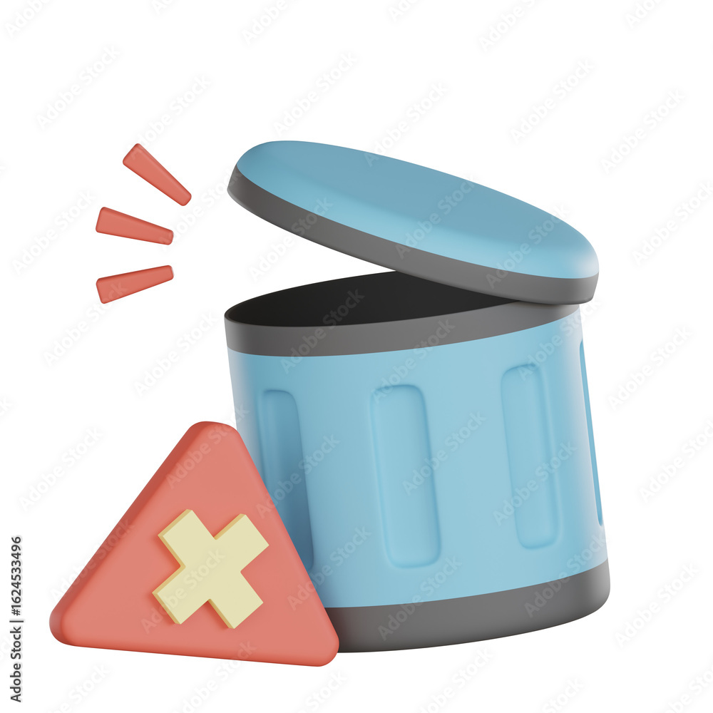Aufkleber empty blue trash can with open lid and red warning icon 3d icon design