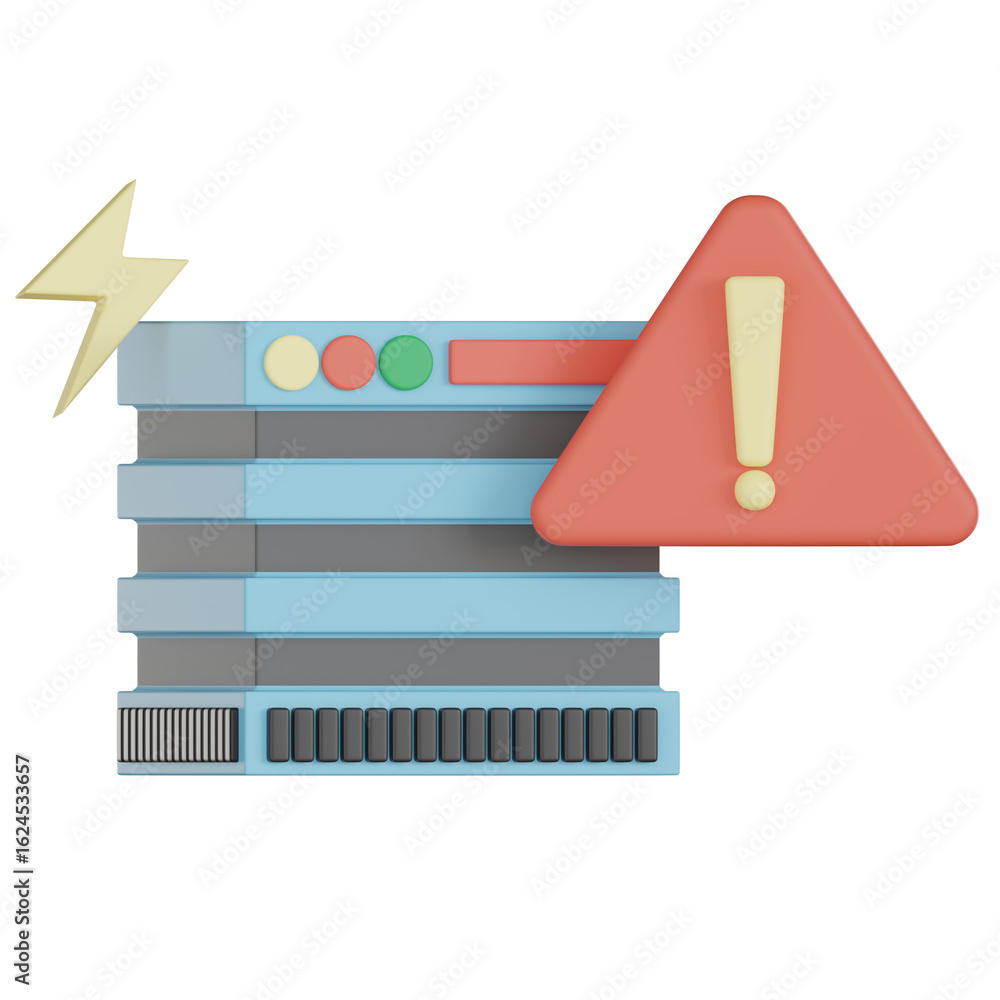 Poster 3d server icon with warning sign and empty states symbol alert in soft colors