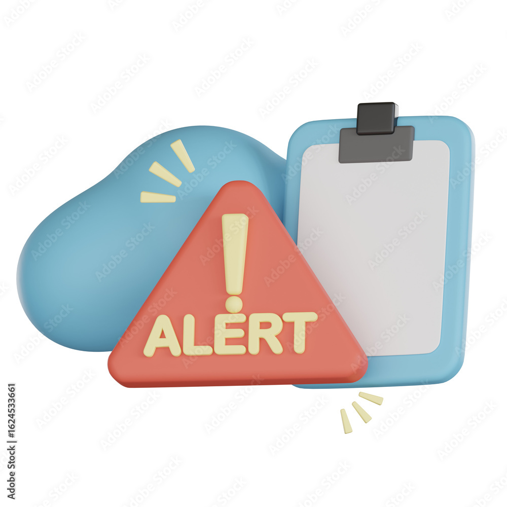 Poster 3d alert icon with clipboard and cloud shape in empty states design concept