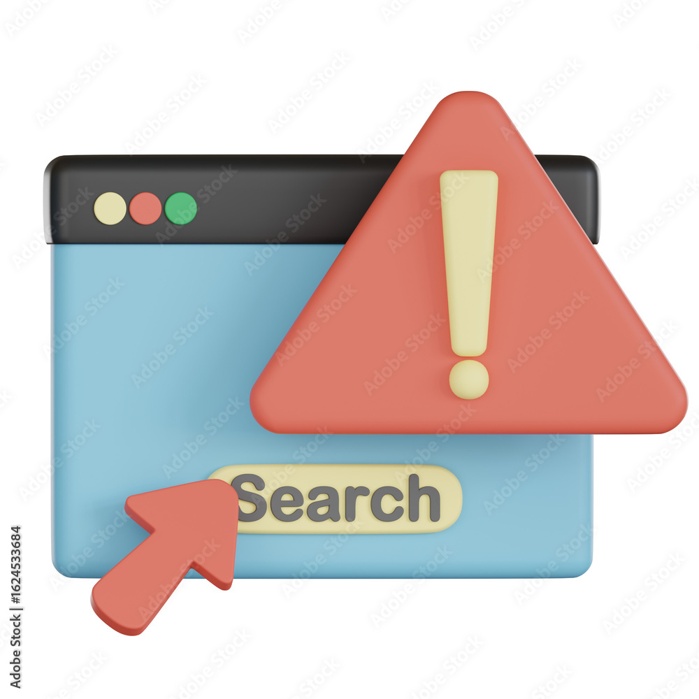 Fototapete 3d icon of search bar with empty states alert symbol and red arrow pointer showing warning message