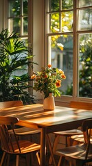 Rustic Wooden Table with Sunlight and Flowers High Resolution Picture