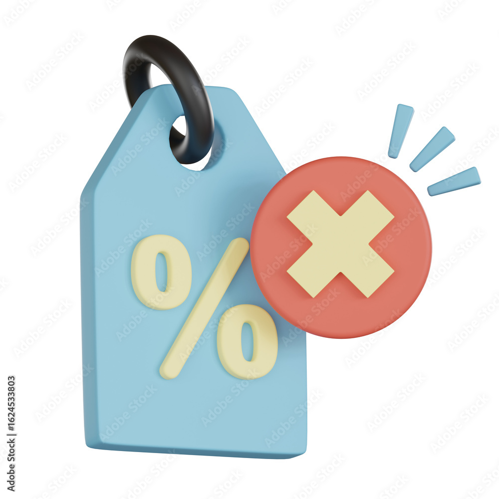 Poster discount empty states 3d icon with cancel symbol in red circle and blue tag showing no percentage of