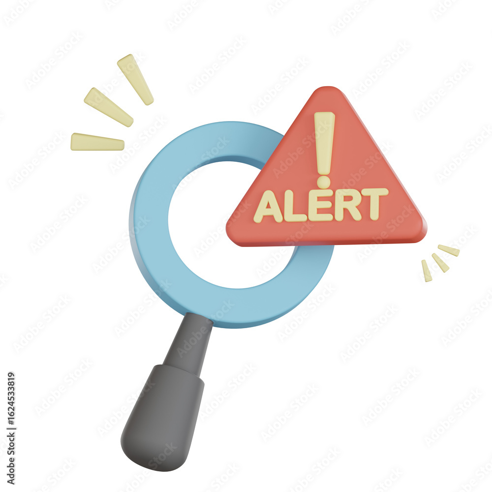 Aufkleber 3d alert icon with magnifying glass and empty space around it represents warning or caution in state