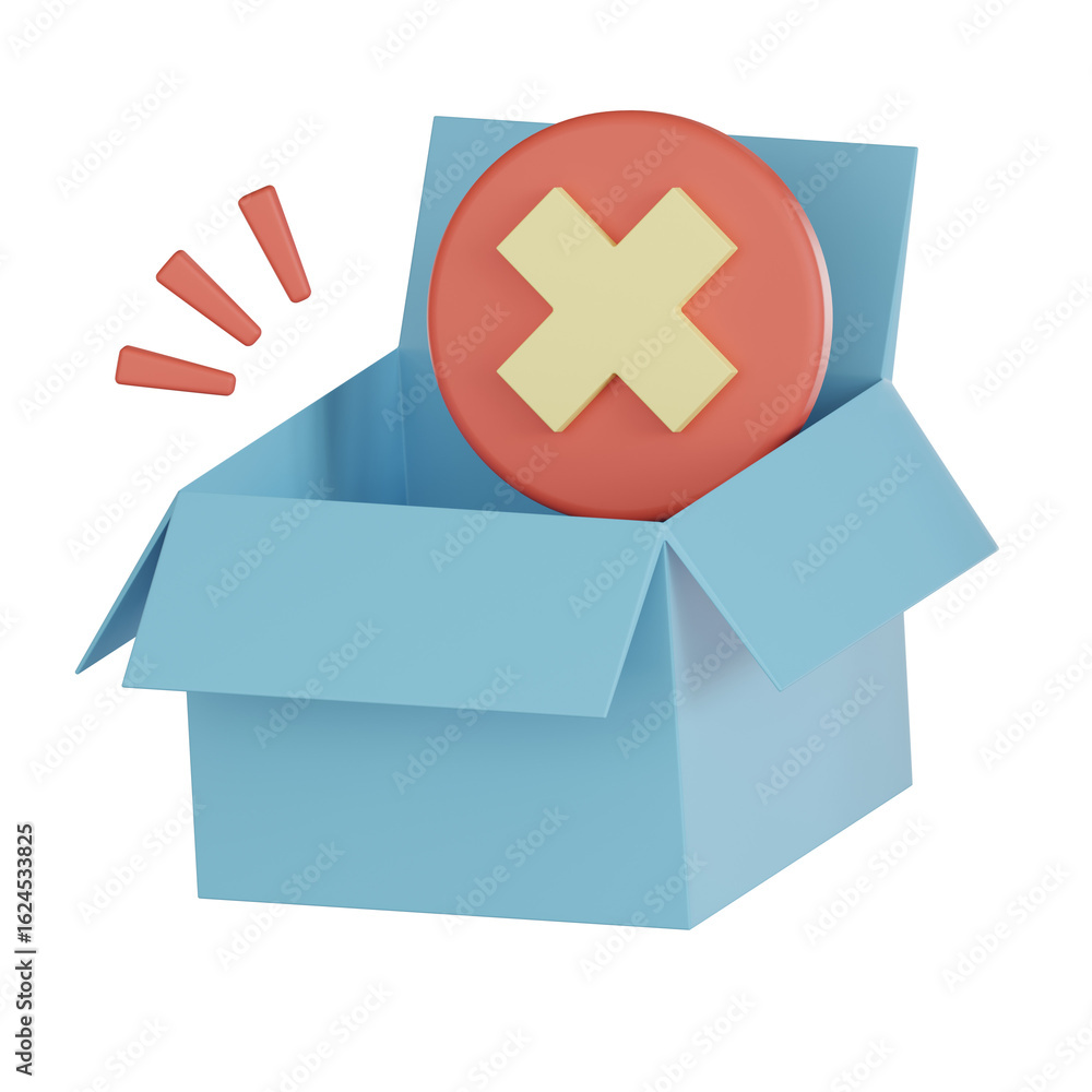 Poster empty blue box with 3d red icon featuring yellow cross symbol inside, representing states of error o