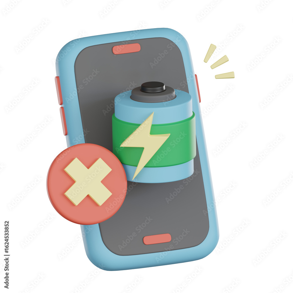 Poster 3d icon of empty battery on smartphone screen shows low power states with alert symbol in colorful d