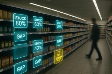 AI Shelf Monitoring System in Supermarket Aisle with Augmented Reality Stock Levels, Shelf Gaps, and Reorder Alerts