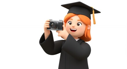 Cartoon female graduate taking photo with camera