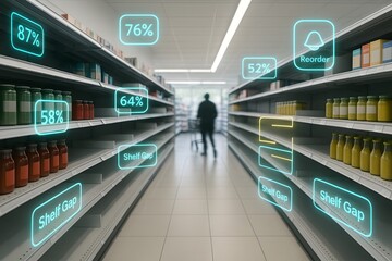 AI Retail Shelf Analytics in Grocery Aisle with AR Stock Levels and Reorder Alerts