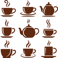 Obraz premium Coffee cup and teapot silhouette icon set. Hot beverage vector graphic collection for cafe menu and design elements.