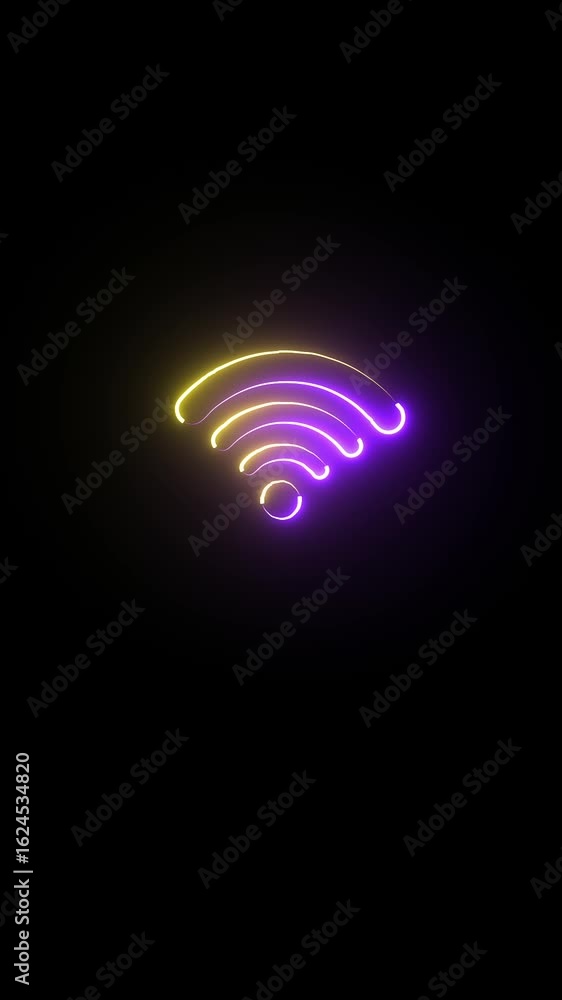 Poster neon animation of wifi sign on black background, fast moving blue and pink rays to both sides. glowi