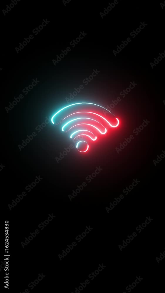 Aufkleber neon animation of wifi sign on black background, fast moving red and cyan rays to both sides. glowin