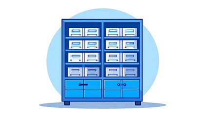 Blue cabinet with multiple shelves, filled with uniformly sized boxes