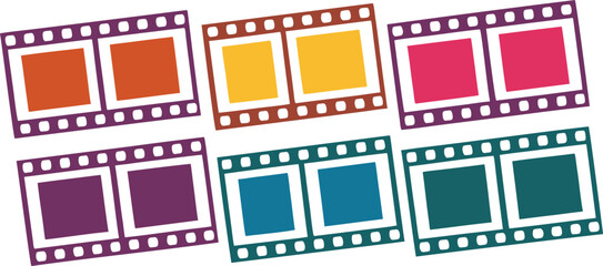Collection of six colorful film strips with square frames isolated on transparent background