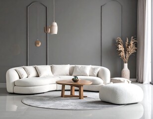 Modern living room with curved sofa, round rug, coffee table, and ottoman
