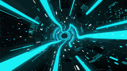 Abstract futuristic tunnel with glowing blue lines and geometric patterns creating depth
