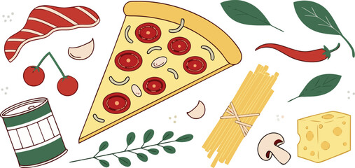 A delicious assortment of italian food ingredients isolated on transparent background