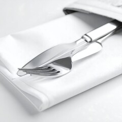 Folded white napkin holds a sleek, metallic fork and knife set