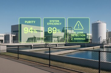 Futuristic Water Treatment Plant with AR Display Showing Purity, Efficiency, and AI Leak Detection Alerts at Noon