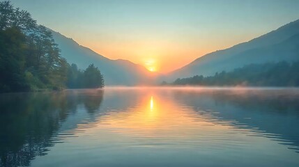 Stunning Sunrise Over Calm Mountain Lake High Resolution Picture