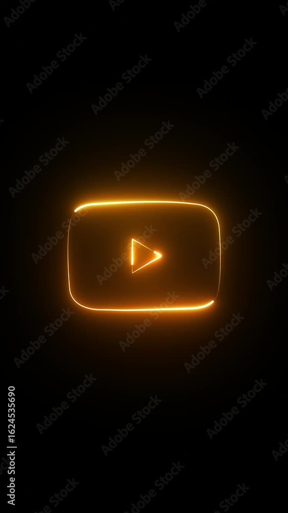 Poster animation of neon play button icon on black background, gold rays moving to both sides. glowing line