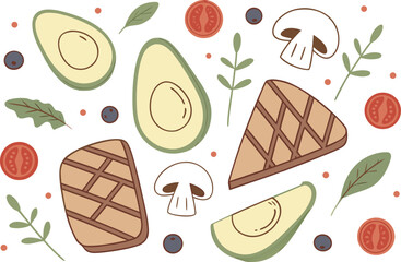 Healthy food ingredients featuring avocado tomatoes mushrooms and grilled patties isolated on transparent background