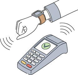 Hand wearing smartwatch making contactless payment at terminal isolated on transparent background