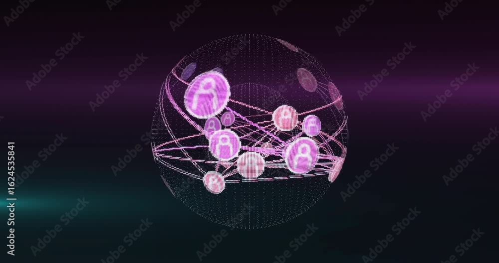 Aufkleber rotating wireframe sphere forming user icons linking lines, highlighting network with magenta sweep