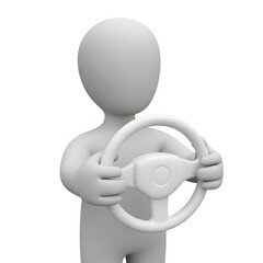 3D Character Holding Steering Wheel — Driving, Transportation, or Leadership Control Concept Illustration