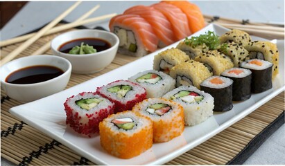 A healthy Japanese meal of fresh salmon and vegetable sushi rolls on a plate is a delicious dinner appetizer