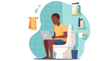 Man working on laptop while sitting on toilet, perfect for illustrating work-life balance or remote work challenges.