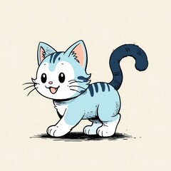 Adorable Cartoon Kitten illustration, light blue and dark blue color palette, playful pose, happy expression, cute whiskers
