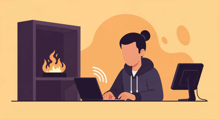 Person working on laptop near fireplace, perfect for blog posts about remote work or cozy home offices.