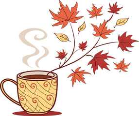 Autumn Leaves Coffee Cup with Falling Maple Leaves and Warm Watercolor Tones – Cozy Fall 2D Illustration