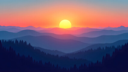 Breathtaking Sunset Over Mountain Ranges, Golden Sunset Glow Over Layered Mountains