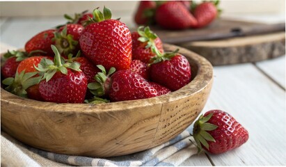 Fresh and juicy strawberries, ripe and sweet, are beautifully arranged in a bowl, ready to be enjoyed